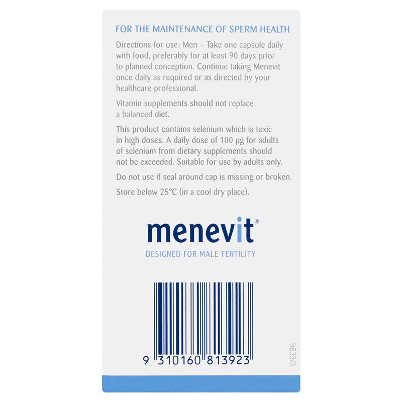 Menevit Male Fertility Supplement Capsules 30 pack (30 days) Back View