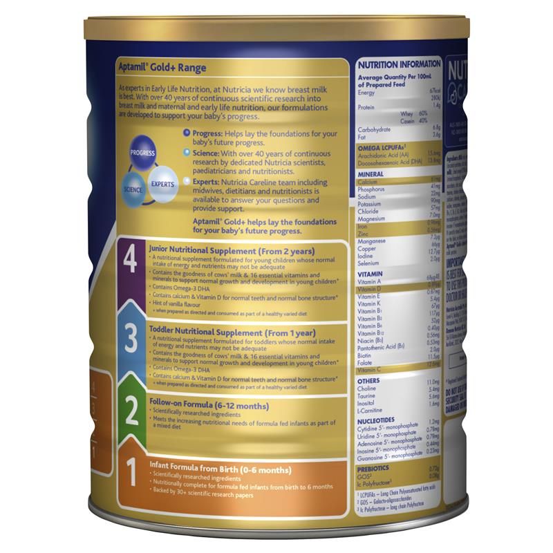 Aptamil Gold+ 1 Infant Formula 0-6 Months 900g Side View