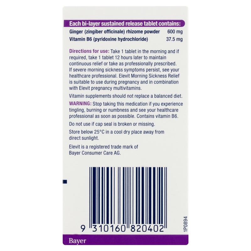 Elevit Morning Sickness Relief Tablets 30 pack (30 days) Back View