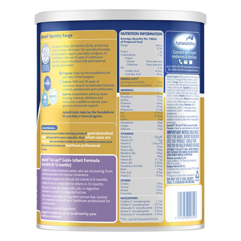 Aptamil Gold De-Lact Lactose Free Infant Formula From Birth 0-12 Months 900g Back View