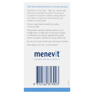 Menevit Male Fertility Supplement Capsules 30 pack (30 days) Back View