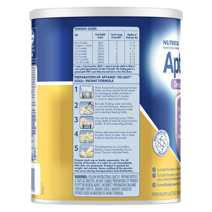 Aptamil Gold De-Lact Lactose Free Infant Formula From Birth 0-12 Months 900g Side View